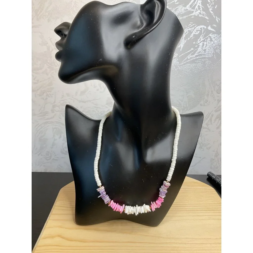 Pucca Puka Shell Necklace White Lavender Pink Retro Hawaii Surfer Beach 60s Vtg